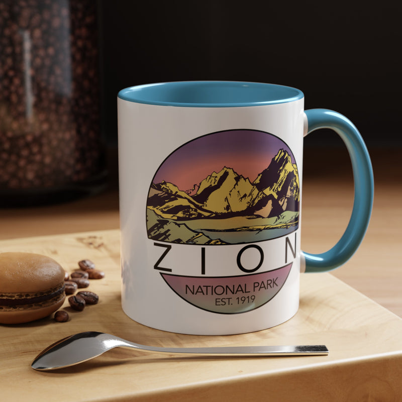 Ceramic mug featuring a mountain design of Zion National Park, perfect as a souvenir.