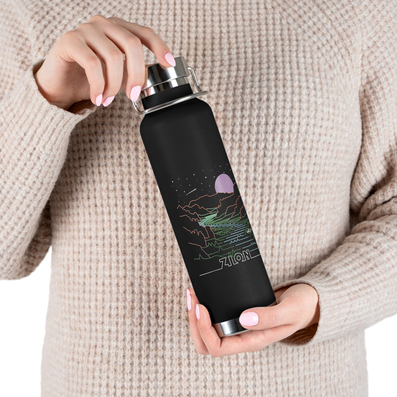 Image of a stainless steel water bottle featuring a scenic design from Zion National Park in Utah.