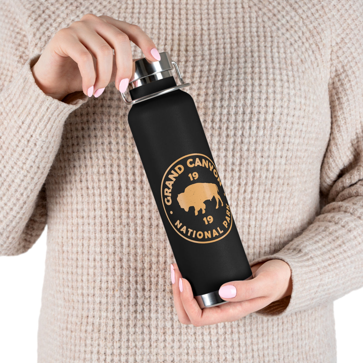 Grand Canyon National Park souvenir water bottle featuring a buffalo emblem design and stainless steel construction.