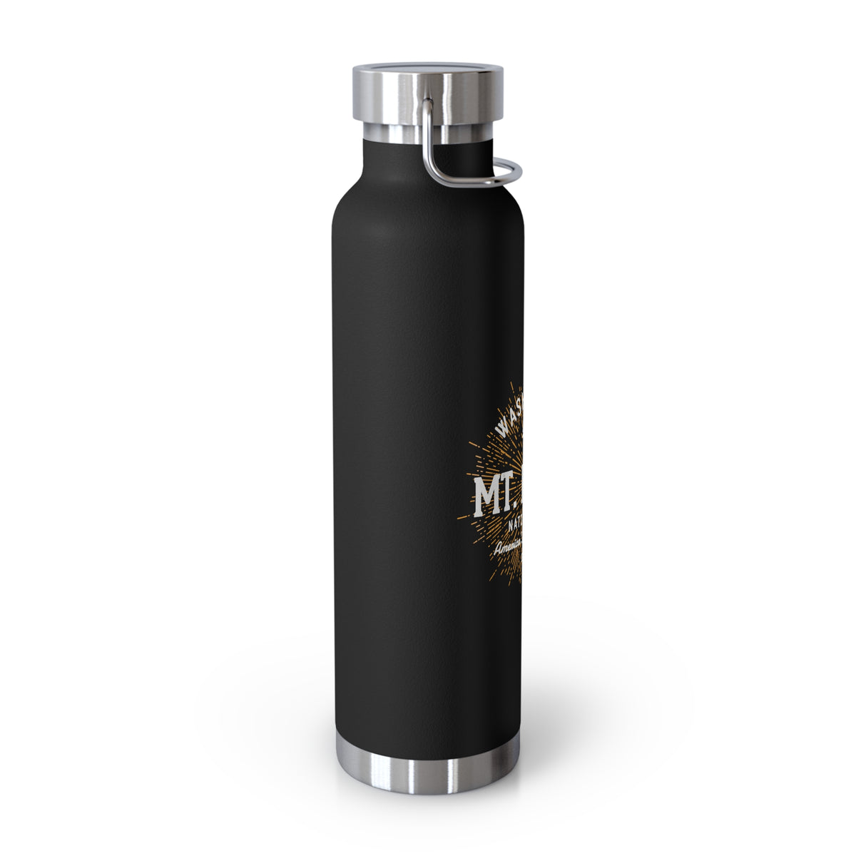 Stainless steel water bottle featuring Mt. Rainier National Park design, with a sturdy handle and powder-coated finish.