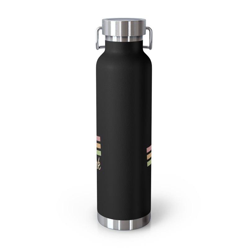 Stainless steel water bottle featuring an Acadia National Park design with retro stripes and durable powder-coated finish.