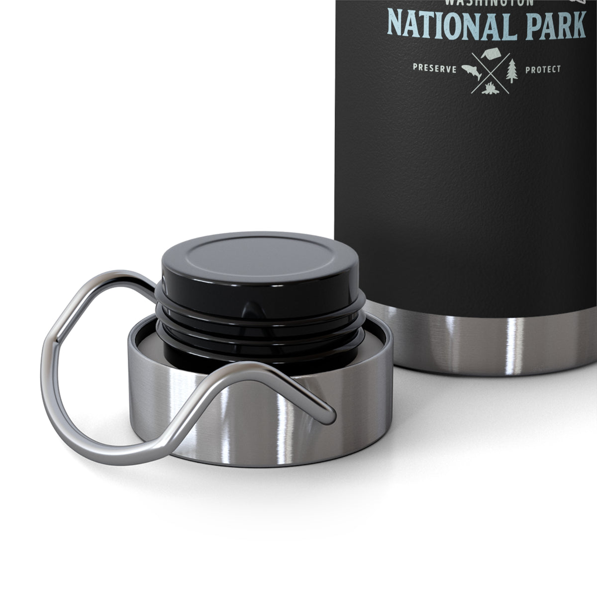 Mount Rainier National Park stainless steel water bottle with bear design.