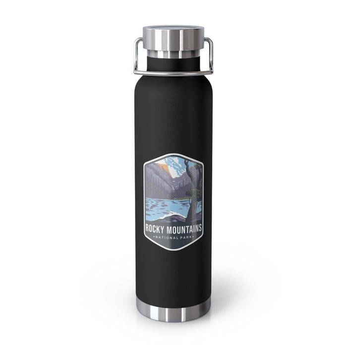 Black stainless steel water bottle featuring a design of Rocky Mountains National Park with mountain and lake scenery.