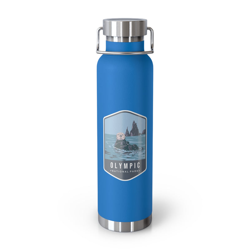 Pebble blue stainless steel water bottle featuring an Olympic National Park design with an otter swimming in the ocean.