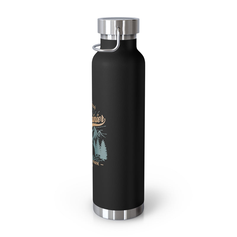 Stainless steel water bottle featuring a Mount Rainier National Park design with a bear and mountain illustration, durable powder-coated finish.