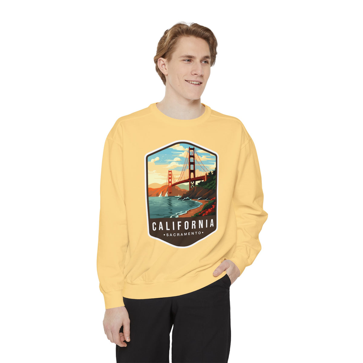 California Sweatshirt - Golden Gate Bridge Design - San Francisco Scenic Apparel - Unisex Garment-Dyed Cozy Fleece