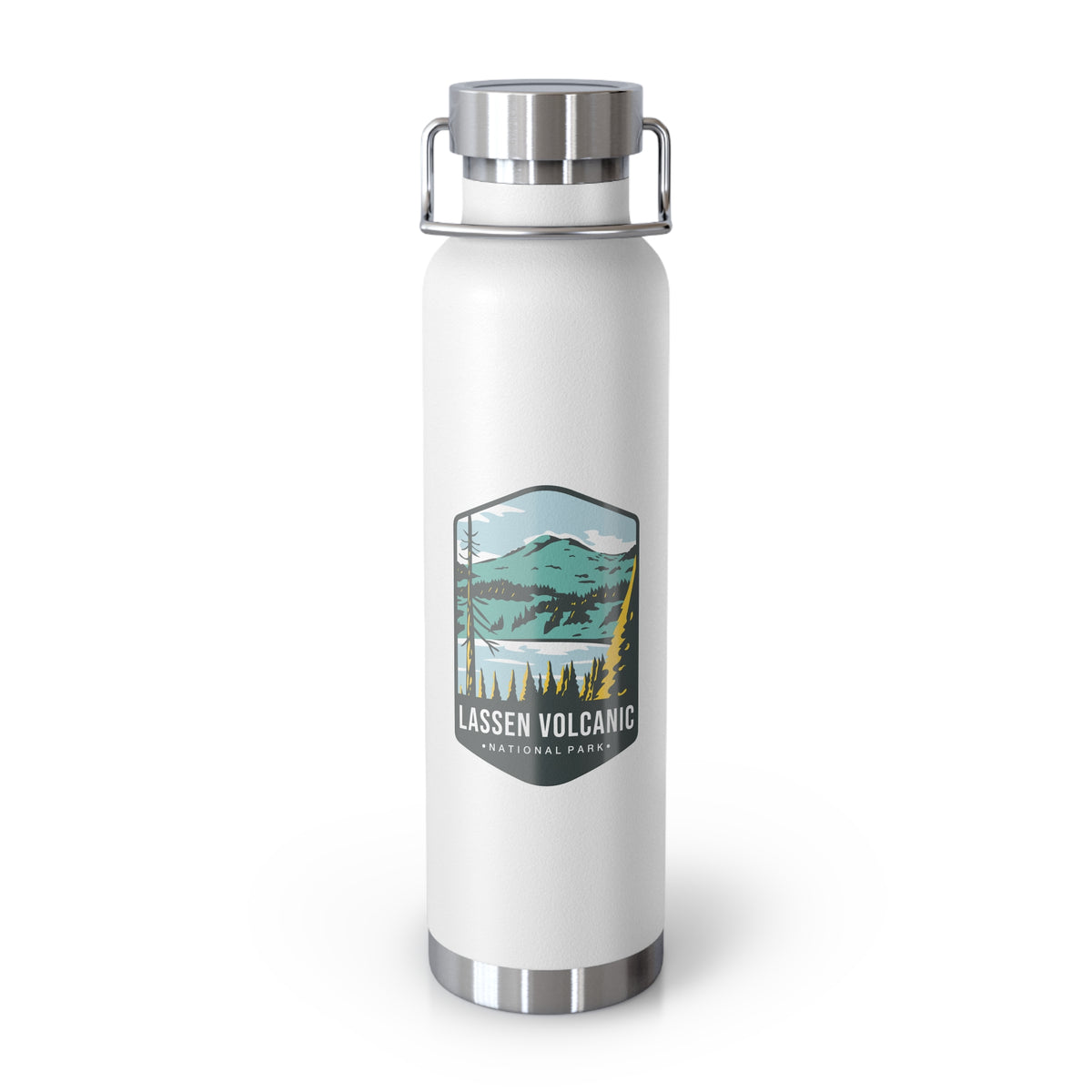 White stainless steel water bottle with a scenic design of Lassen Volcanic National Park.