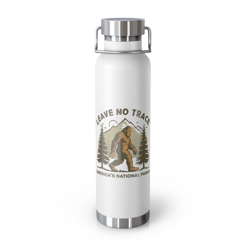 Water bottle featuring a Leave No Trace design with a bear, trees, and mountains, promoting conservation in America's national parks.