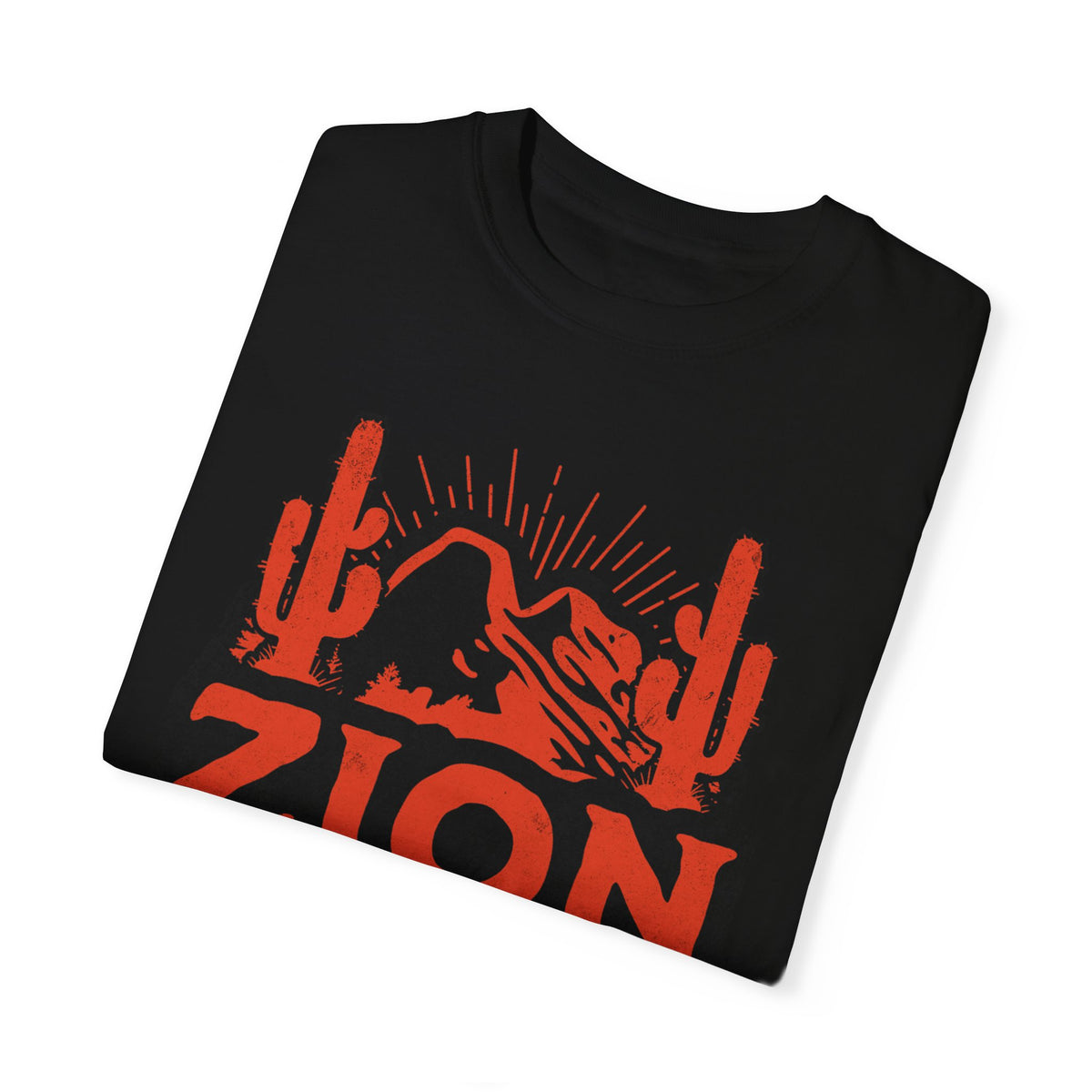 T-shirt featuring a cactus and mountain design for Zion National Park.