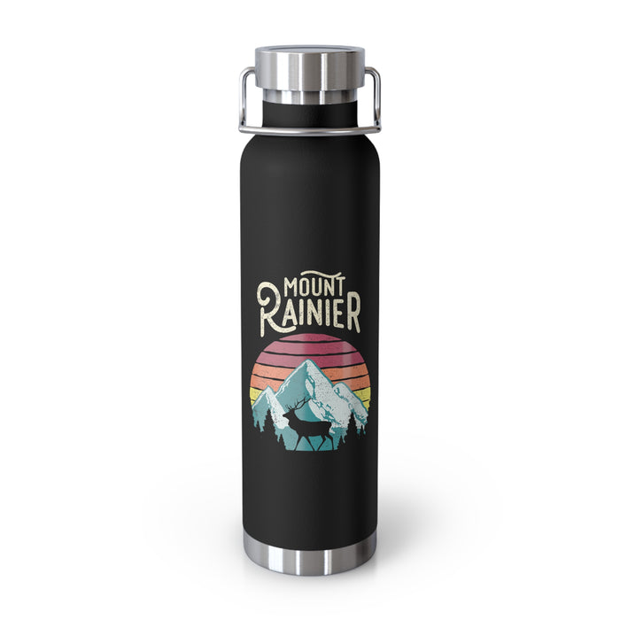 Stainless steel water bottle with a Mount Rainier National Park design, featuring a double-wall insulation and a durable powder-coated finish.