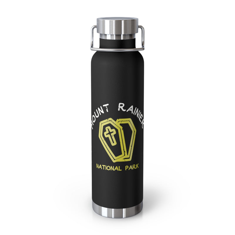 Stainless steel water bottle featuring a unique design with Mount Rainier National Park imagery.