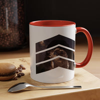 11 oz ceramic mug with red handle featuring a mountain design with three chevrons, representing Arches National Park.