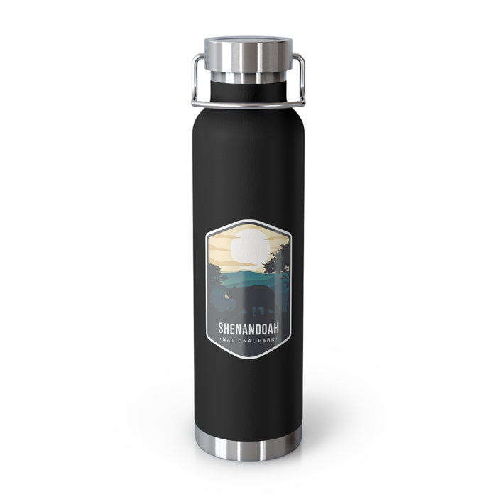 Black stainless steel water bottle featuring a design of Shenandoah National Park with mountain and sunset scenery.