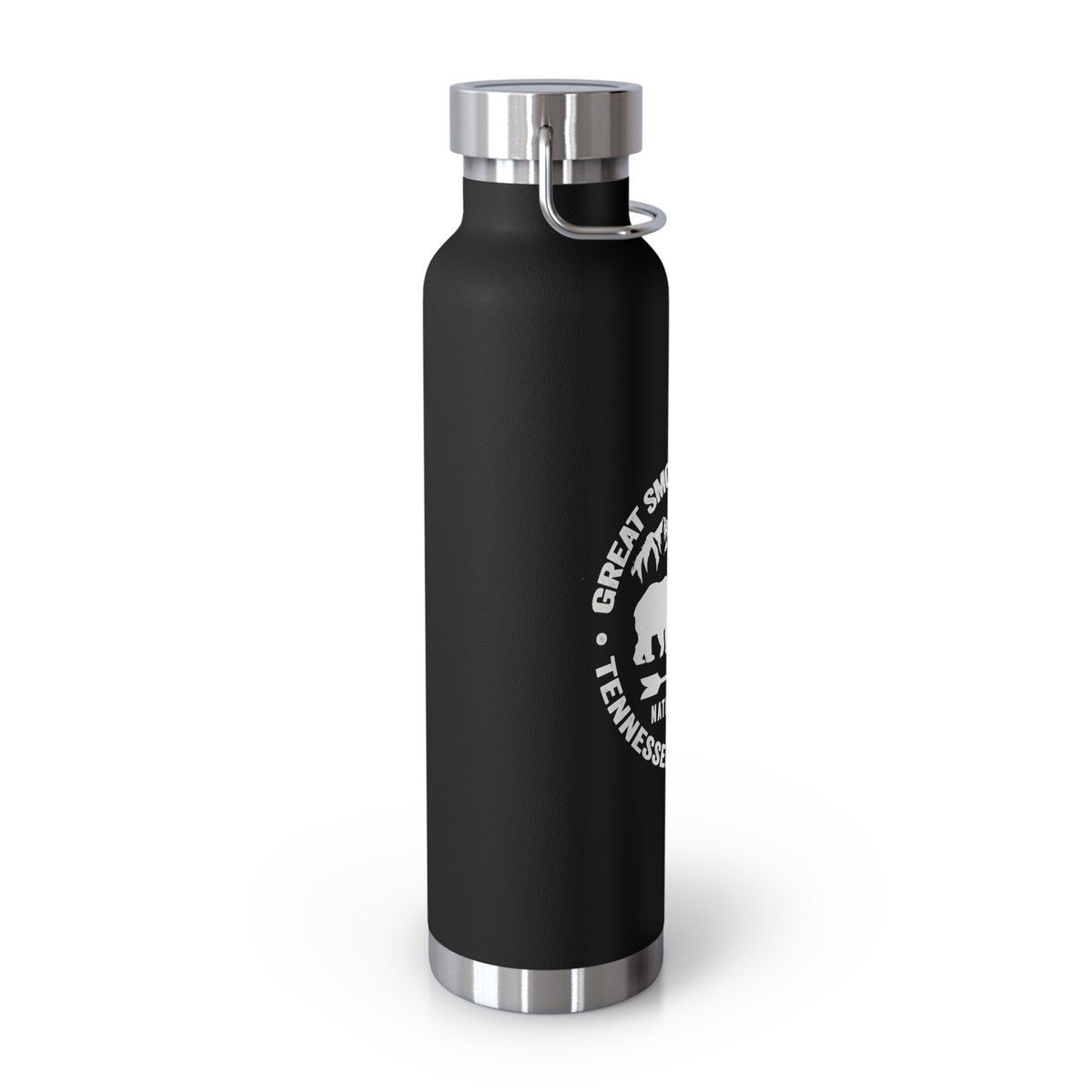 Stainless steel water bottle featuring a Great Smoky Mountains National Park design with a bear illustration and a durable powder-coated finish.