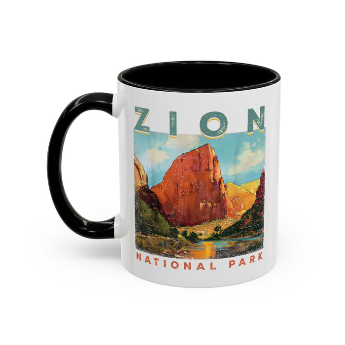 Ceramic mug featuring a scenic design of Zion National Park, ideal as a souvenir.