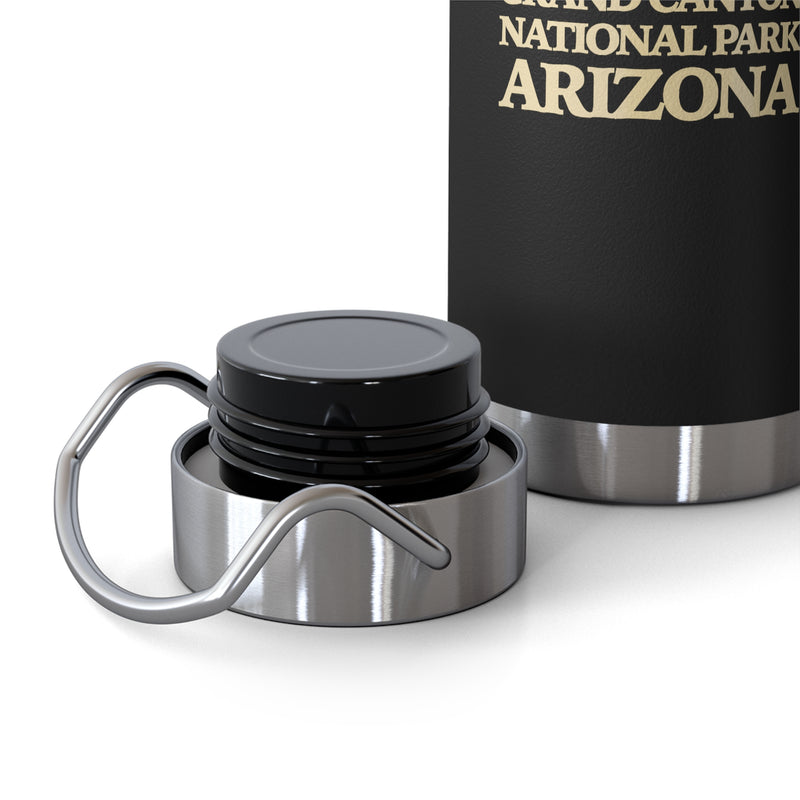 Grand Canyon National Park souvenir water bottle featuring a scenic design of the canyon and Arizona landscape, stainless steel construction.