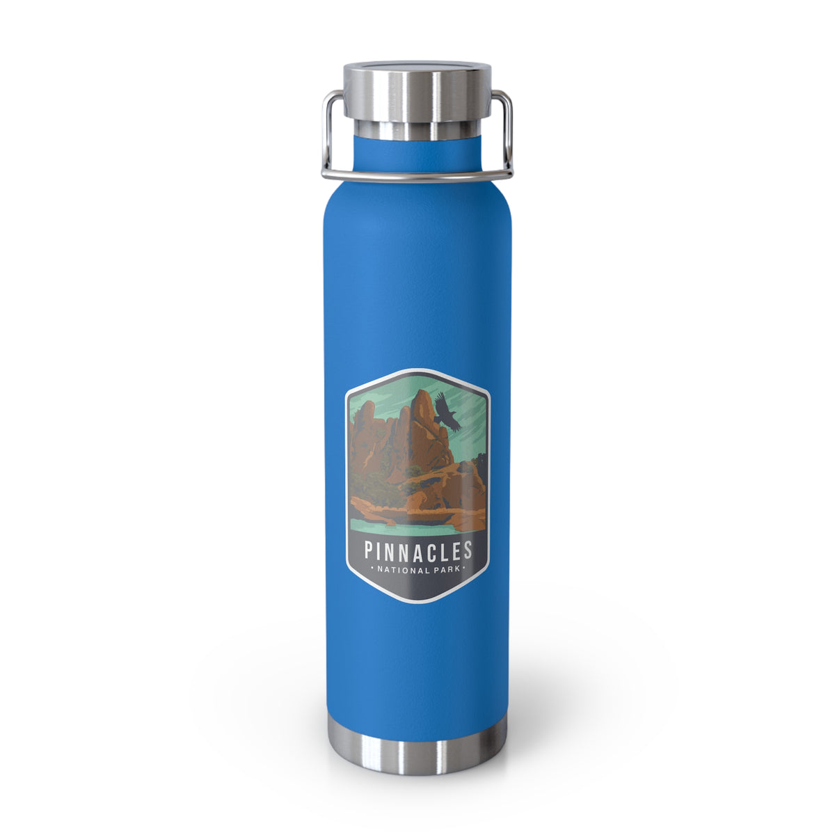 Pebble blue stainless steel water bottle featuring a design of Pinnacles National Park with rock formations.