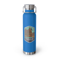 Pebble blue stainless steel water bottle featuring a design of Pinnacles National Park with rock formations.