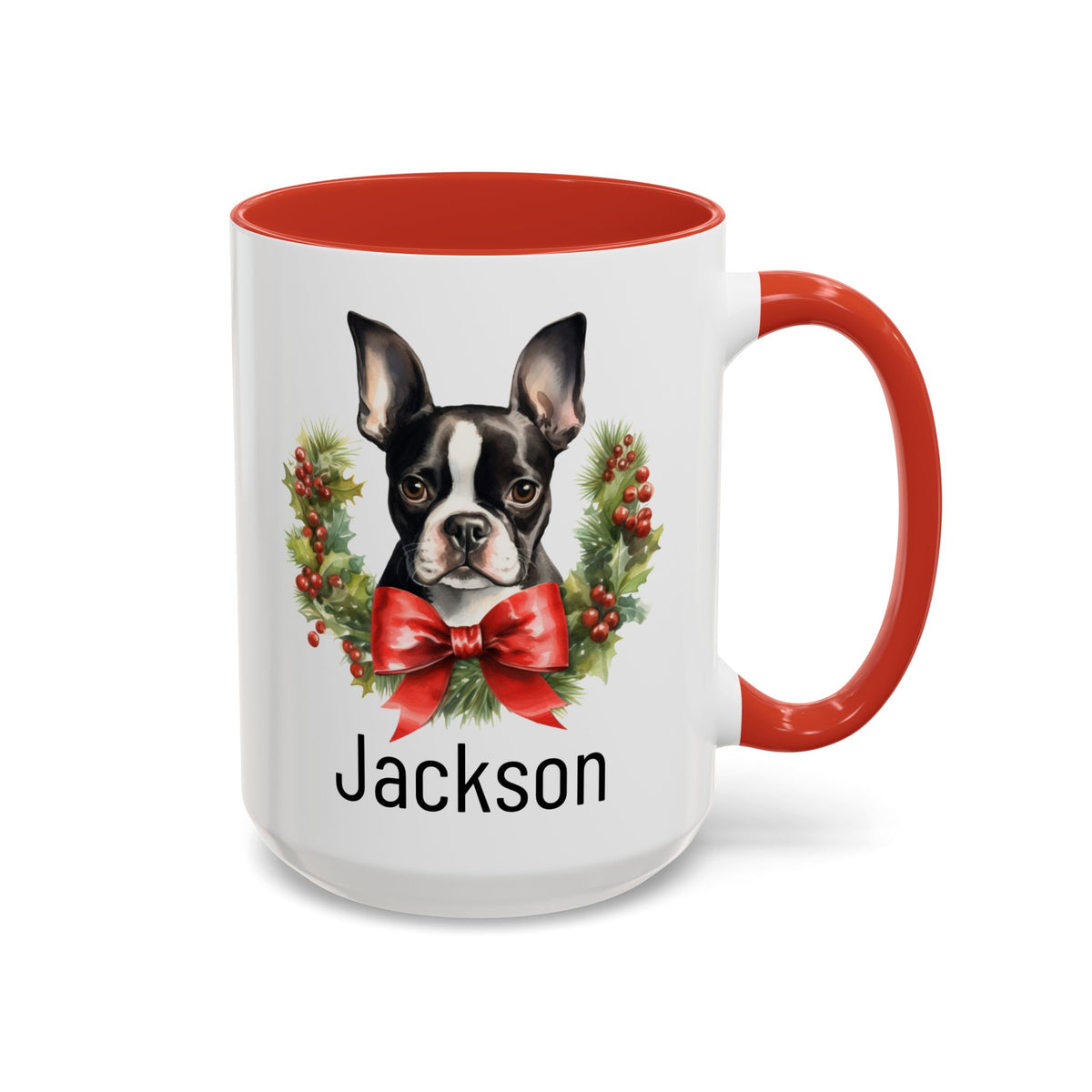 Personalized Boston Terrier Christmas Mug, Custom Dog Name Ceramic Mug, 11oz or 15oz