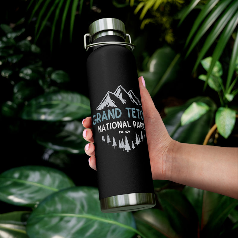 Grand Teton National Park souvenir water bottle featuring a mountain design with stainless steel construction.