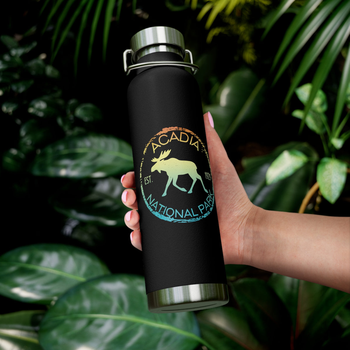 Stainless steel water bottle featuring an Acadia National Park design with a moose and scenic illustration, durable powder-coated finish.