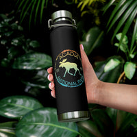 Stainless steel water bottle featuring an Acadia National Park design with a moose and scenic illustration, durable powder-coated finish.