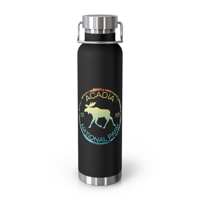 Stainless steel water bottle featuring an Acadia National Park design with a moose and scenic illustration, durable powder-coated finish.