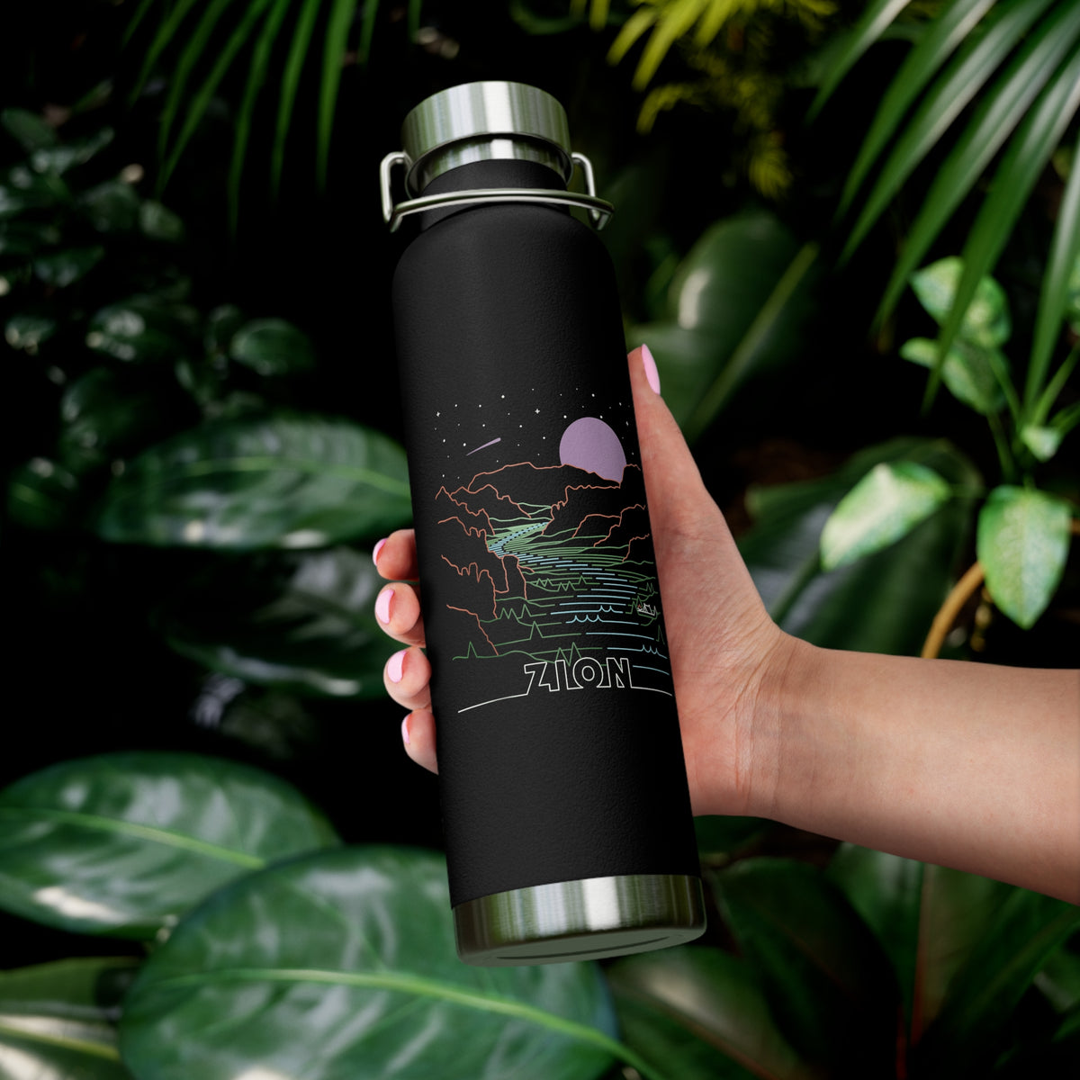 Image of a stainless steel water bottle featuring a scenic design from Zion National Park in Utah.