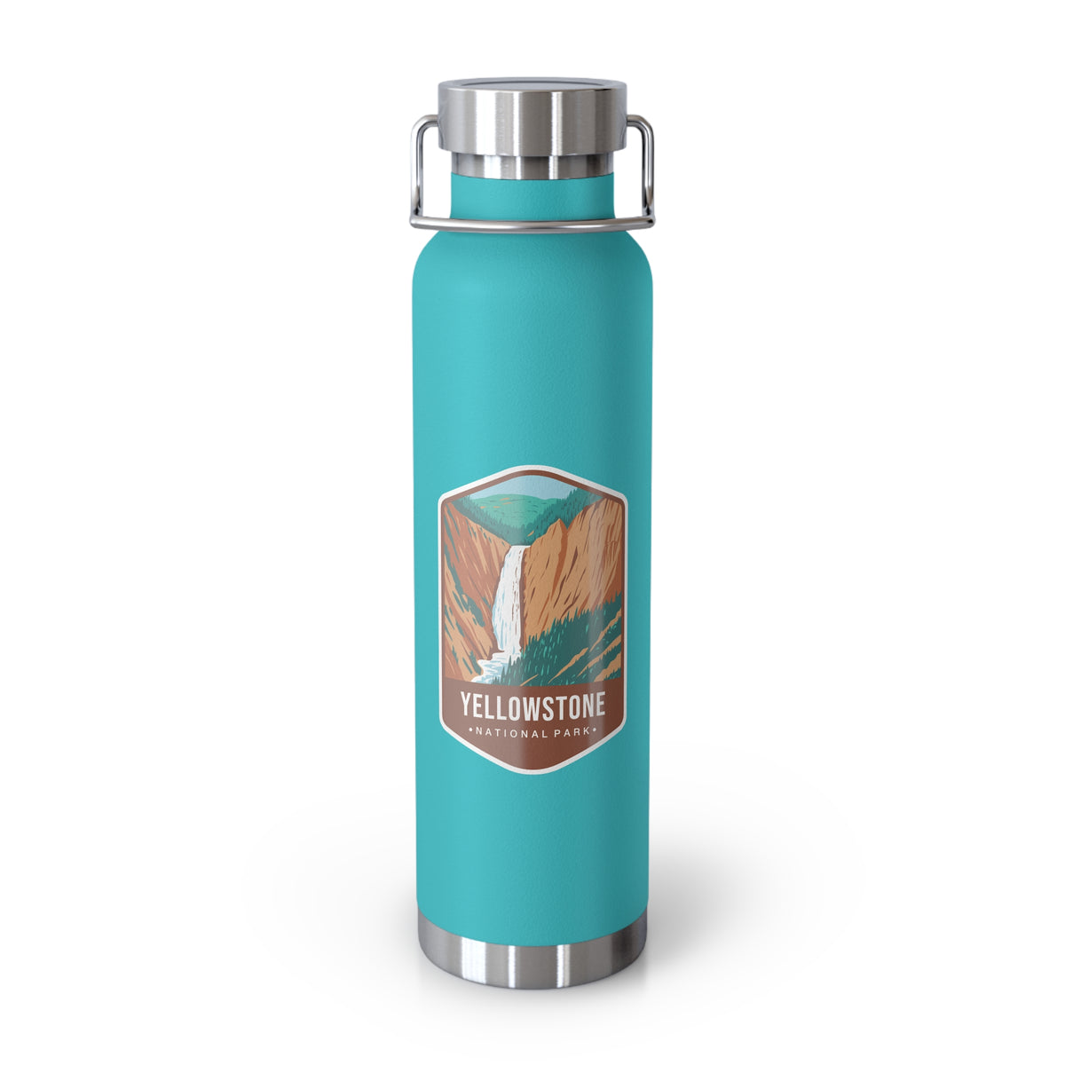 Mint Green stainless steel water bottle featuring a design of Yellowstone National Park with a waterfall and canyon scenery.