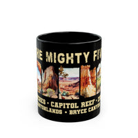 Black ceramic mug featuring a design of The Mighty Five national parks in Utah: Arches, Capitol Reef, Zion, Canyonlands, and Bryce Canyon.