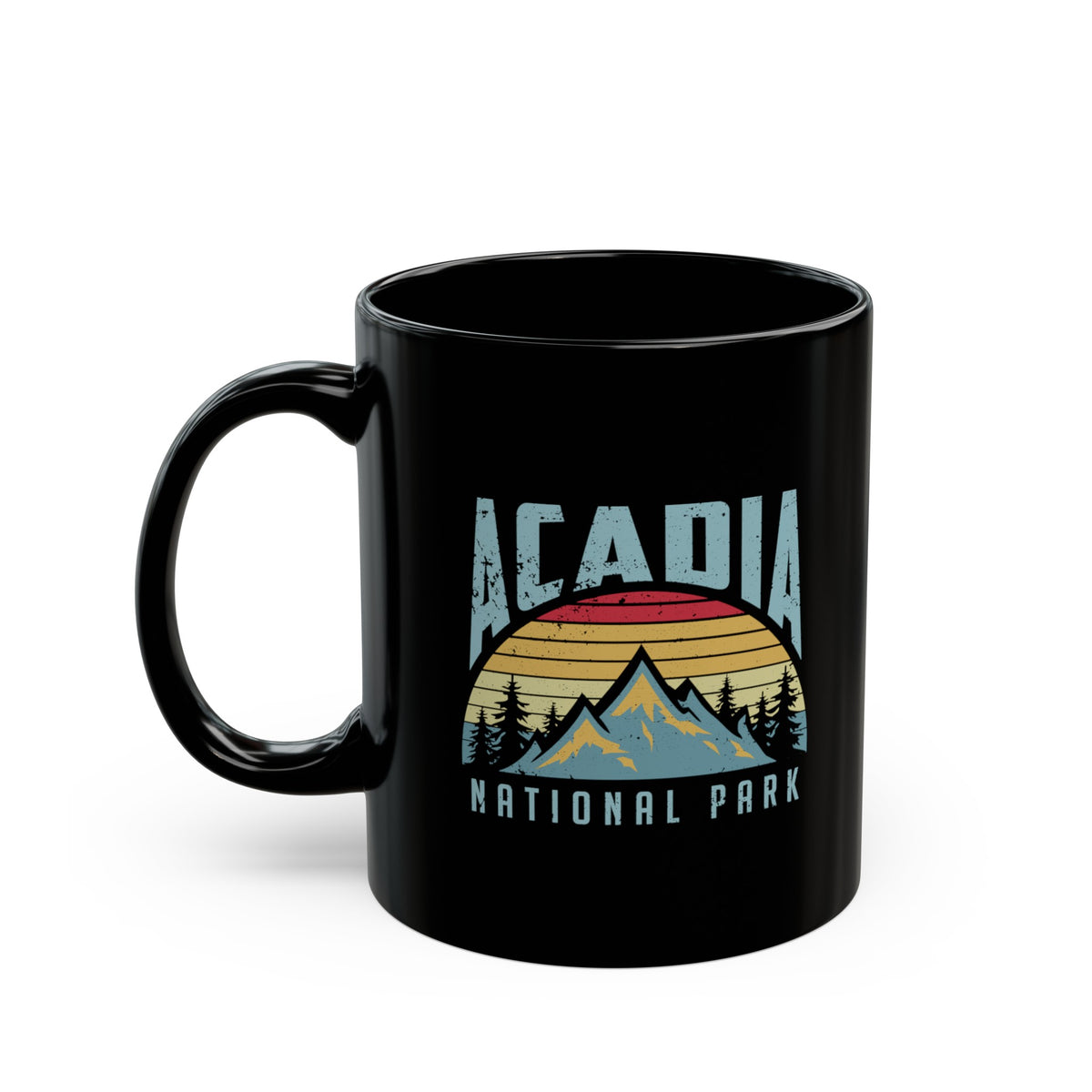 Ceramic coffee mug with a vintage design featuring Acadia National Park and a mountain silhouette.