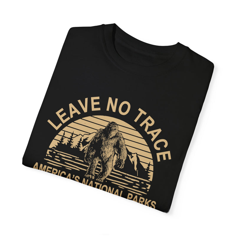 T-shirt featuring a "Leave No Trace" design with a Bigfoot graphic and the text "America's National Parks."