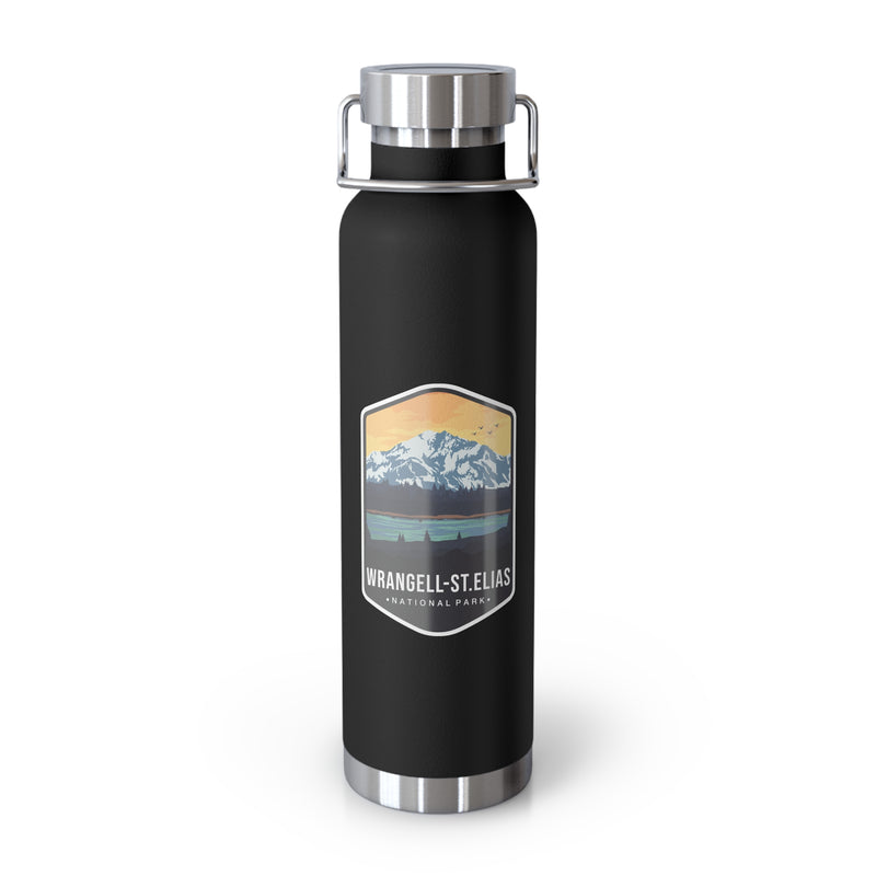 Black stainless steel water bottle featuring a design of Wrangell-St. Elias National Park with mountain and sunset scenery.