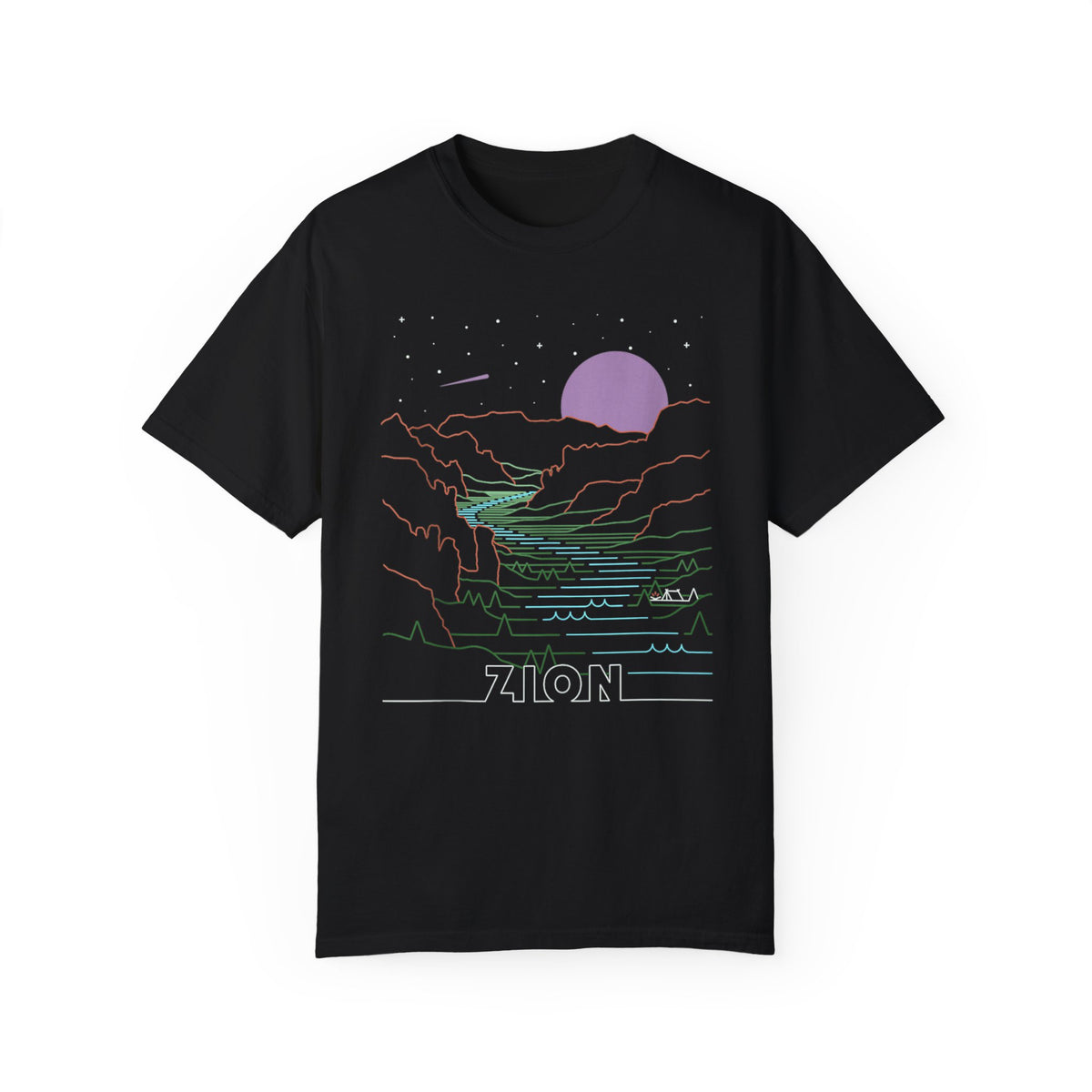 T-shirt featuring a scenic night sky design of Zion National Park.