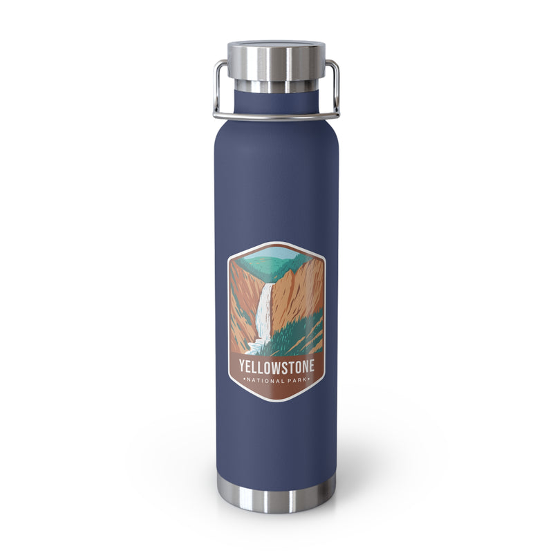 Navy stainless steel water bottle featuring a design of Yellowstone National Park with a waterfall and canyon scenery.