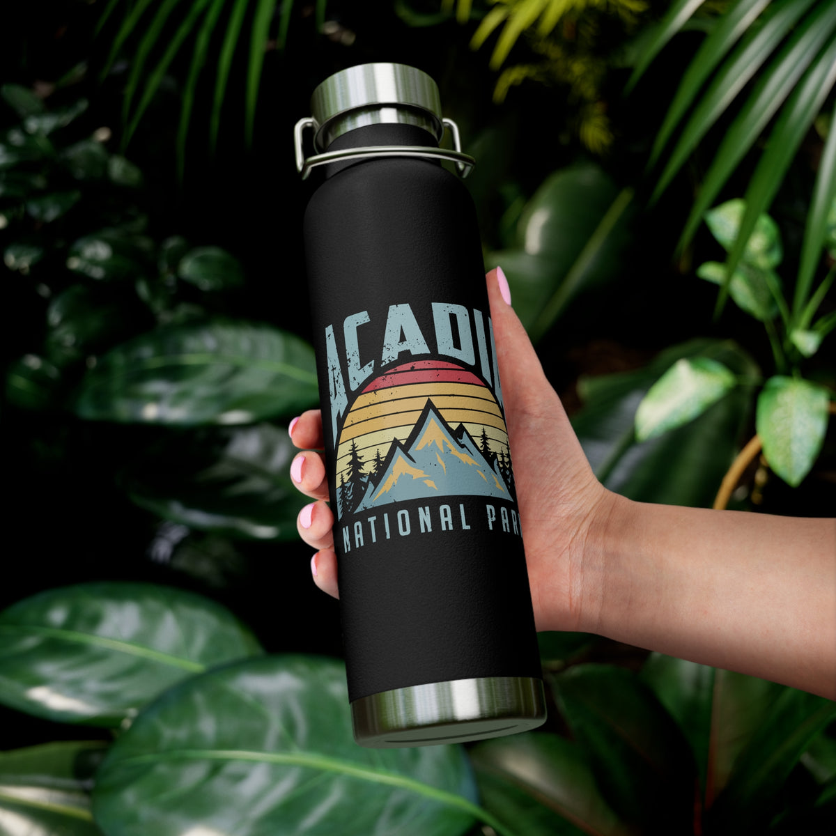 Stainless steel water bottle featuring an Acadia National Park design with a mountain and sunset illustration, durable powder-coated finish.