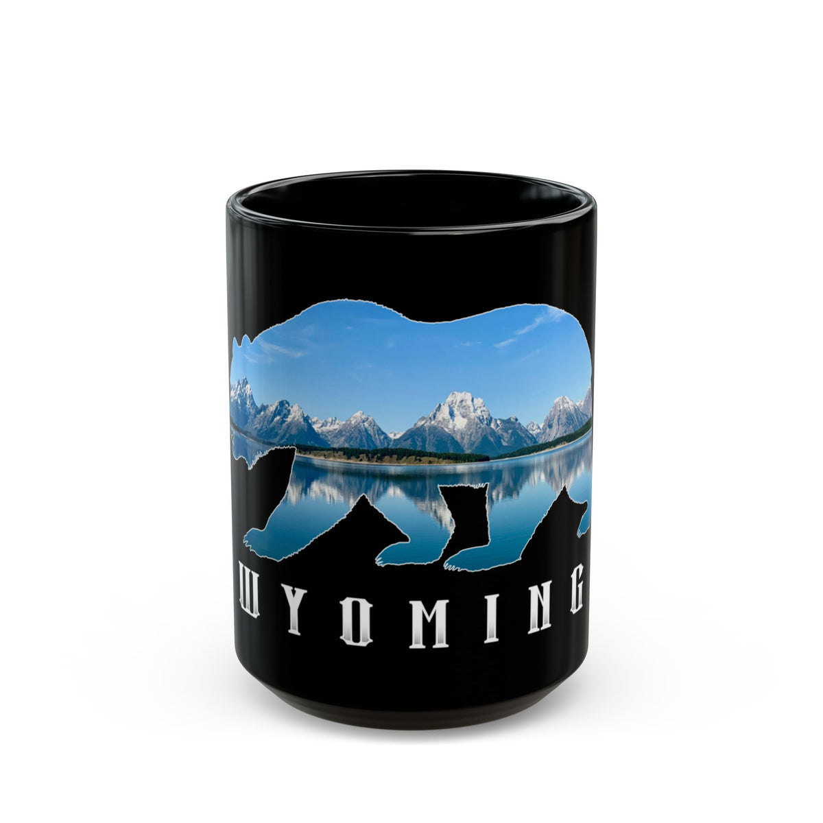 Wyoming Grand Teton National Park souvenir mug featuring a bear silhouette with a mountain landscape design.