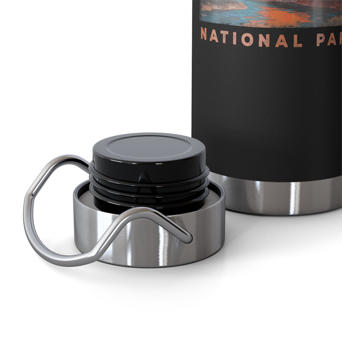 Image of a stainless steel water bottle featuring a scenic design from Zion National Park in Utah.