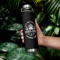 22oz vacuum insulated stainless steel water bottle with Cades Cove design, featuring trees and mountains, representing Great Smoky Mountains National Park.