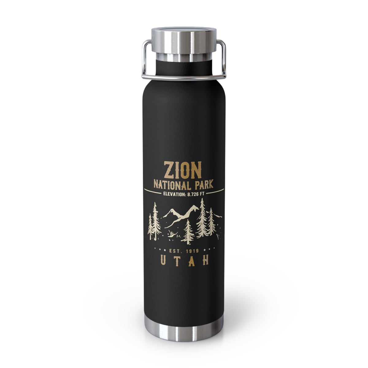 Image of a stainless steel water bottle featuring an elevation design from Zion National Park in Utah.