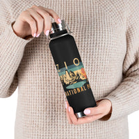 Image of a stainless steel water bottle featuring a vintage design from Zion National Park in Utah.