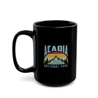 Ceramic coffee mug with a vintage design featuring Acadia National Park and a mountain silhouette.