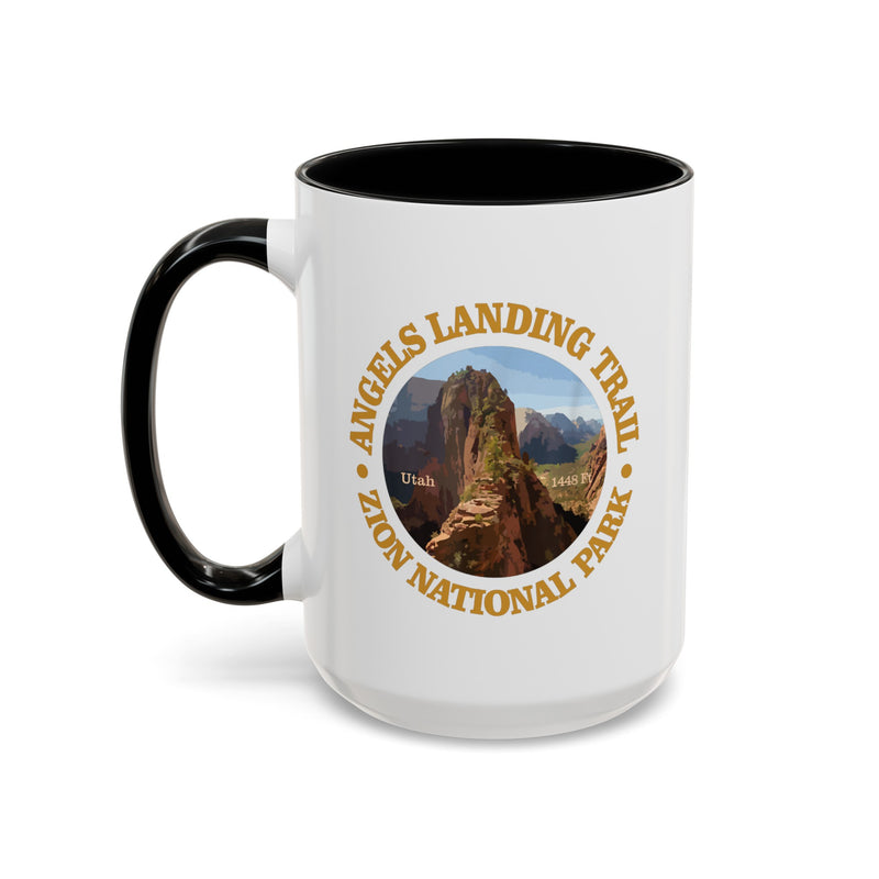 White ceramic mug with a contrasting handle and interior, featuring an image of Angels Landing Trail in Zion National Park with a mountain landscape design.