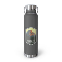 Grey stainless steel water bottle featuring a design of Yosemite National Park with a mountain and forest scenery.