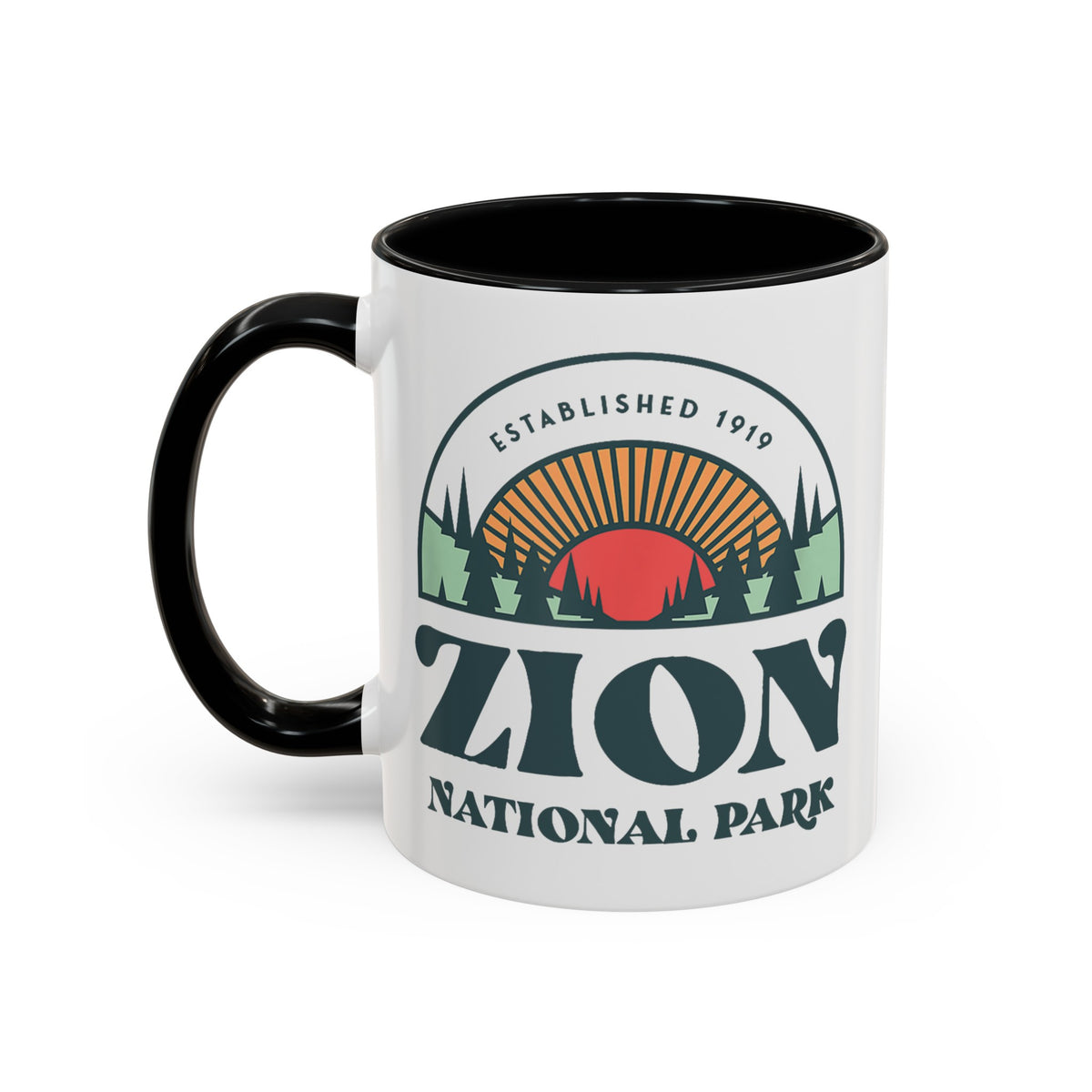 11 oz ceramic mug with black contrasting handle featuring an established 1919 design of Zion National Park, perfect as a souvenir.