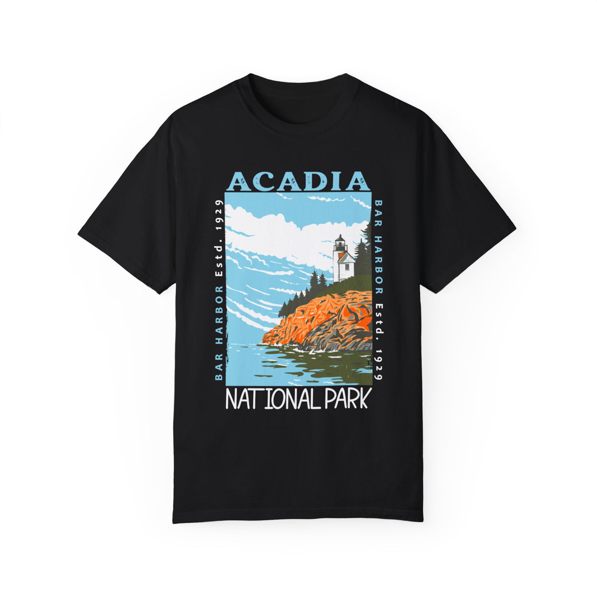 Acadia National Park T-shirt featuring a graphic design with a lighthouse, ocean, and rocky coast scene.