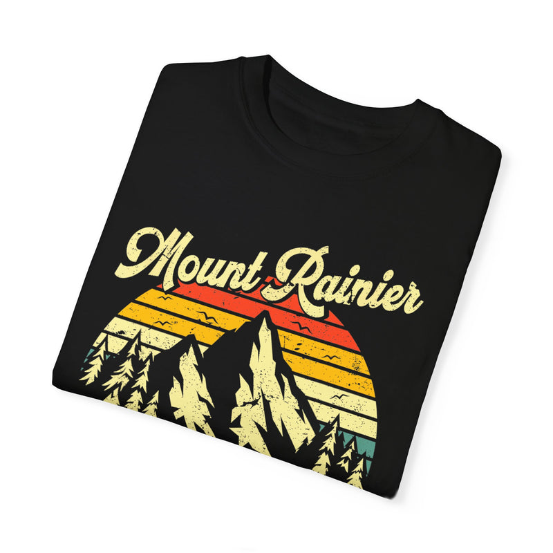 T-shirt featuring Mount Rainier National Park design with coordinates in Washington.