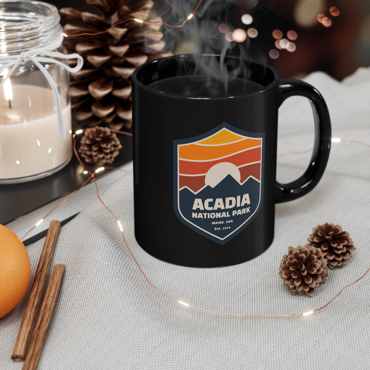 Acadia National Park Souvenir Mug with Sunrise Shield Design