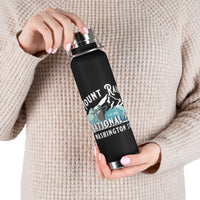 Stainless steel water bottle featuring a Mount Rainier National Park design with an elk and mountain illustration, durable powder-coated finish.