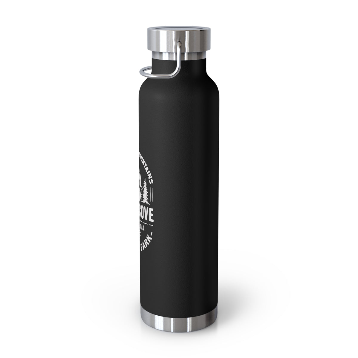 22oz vacuum insulated stainless steel water bottle with Cades Cove design, featuring trees and mountains, representing Great Smoky Mountains National Park.